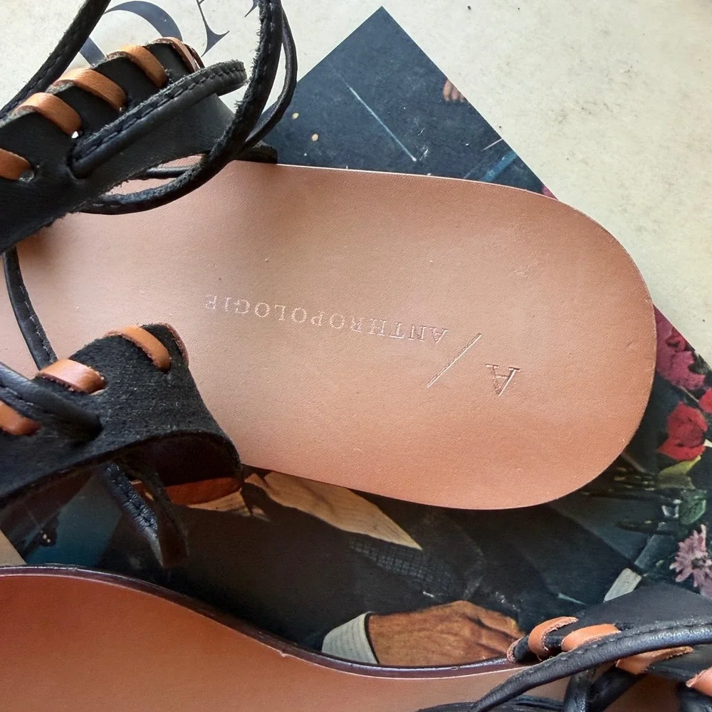 Anthropologie Braided Leather Lace Up Gladiator Sandals Black Tan Women 40